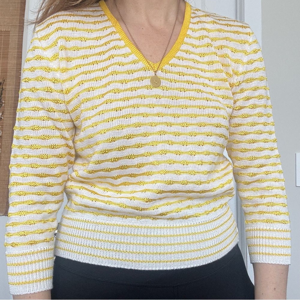Yellow & White Pointelle Knit Sweater